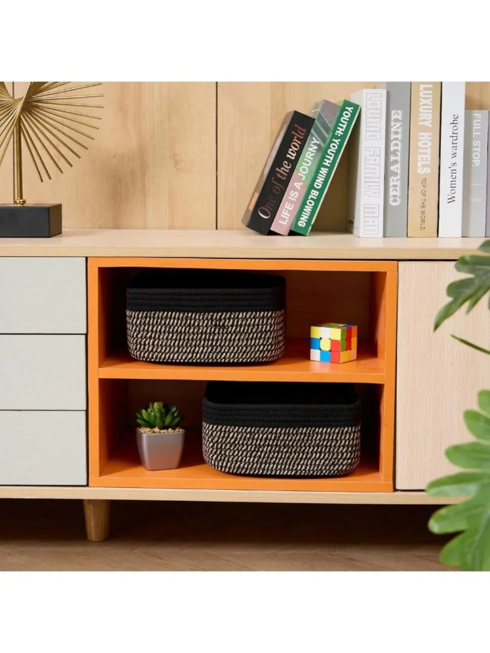 Set of 2 Boho Rope Woven Storage Baskets - Small Square Organizing Bins for